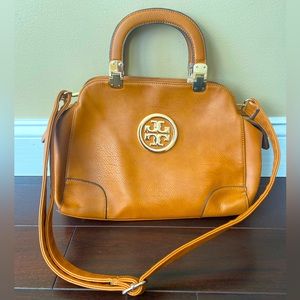 Real Tory Burch Brown & Gold Cognac Leather Handbag Purse with Shoulder Strap